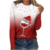 Коледни ризи Odeerbi за жени с дълги ръкави 3D отпечатани елени ежедневни кръгли пуловер на шията червено