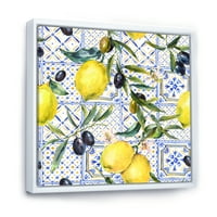 Дизайнарт 'Геометричен модел на лимон орнамент върху синьо и трето' тропическа рамка платно за стена арт принт