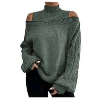 Дамски огромни пуловери с висока шия студено рамо торбично удобно пуловер плетен отгоре изрязани зимни дрехи с дълъг ръкав