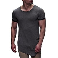 Мъжки разкъсани тениски редовно прилепнали хипстър кръг врат твърд цвят тениски къси ръкави лятна мода нередовен подгъв блуза върхове