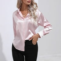 Дамски върхове имитация на сатенена коприна с дълги ръкави пролет и летни тениски за жени, розово, m
