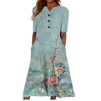Рокли за жени мода лято Хенли с къс ръкав Макси отпечатана ваканционна рокля A-Line Swing Blue XL