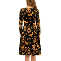 Binienty Creepy Women's Halloween рокля Тикви прилепи паяк паяк скелет Дами елегантна рокля с дължина на коляното A-Line разпалена