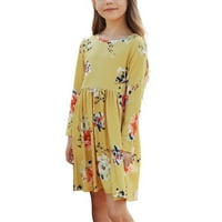 Момиче макси рокля памучна флорална рокля с дълъг ръкав с джобове ， рокли за принцеси за момичета 4- години, жълто