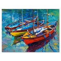 Три Цветни Лодки В Пристанището Живопис Платно Изкуство Печат
