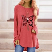 Връща се модни ризи за жени кръгла шия пуловер пеперуда графичен принт върхове дълга ръкав блуза уютна небрежна разхлабена гамаши