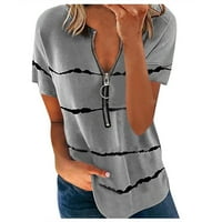 Женски върхове V-образни жени Половин по цип ежедневни раирани ризи с къс ръкав мода сиво 2xl