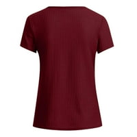 Дамски блузи женски моден солиден цвят V-образно деколте небрежно тениска с къс ръкав топ вино xxl