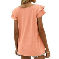 IOPQO тениски за жени Дамски летни върхове Руф за късо ръкав v Тениски за врата Небрежно свободно прилепване на женски върхове