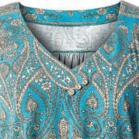 Жени блуза модни дами печат с v-образен школ с къс ръкав Топ пуловер разхлабена тениска Blue XL