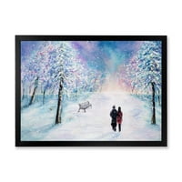 Двойка В Любовта Разходки По Време На Снежни Зимни Времена Рамкирани Живопис Платно Изкуство Печат